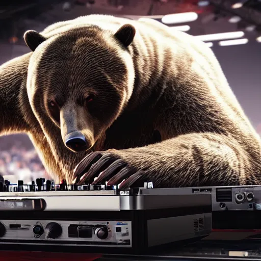 Image similar to a cyborg grizzly bear dj mixing records on stage, photorealistic, highly detailed, illustration, lifelike, highly detailed, intricate, octane render, sharp focus, cyberpunk