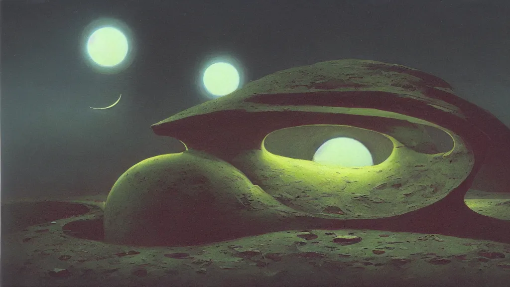 Image similar to mysterious sculpture of an alien crescent moon by paul lehr and john schoenherr, cinematic matte painting