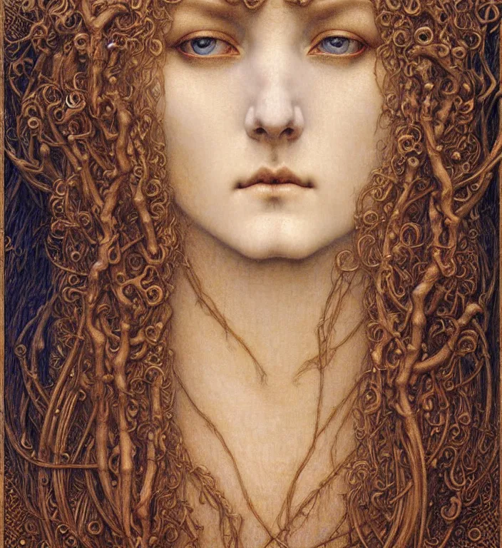 Image similar to detailed realistic beautiful young medieval queen face portrait by jean delville, gustave dore and marco mazzoni, art nouveau, symbolist, visionary, gothic, pre - raphaelite. horizontal symmetry