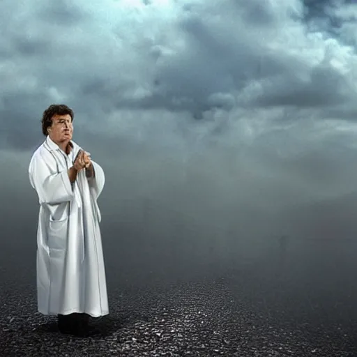 Prompt: columbo as an angel, white robes, wings, symmetrical face!!!!, round symmetrical eyes!!!, heaven!!!!!!!!, gold gates of heaven!!!!!!!!, clouds on ground!!!!!, fog!!!,, color, hdr