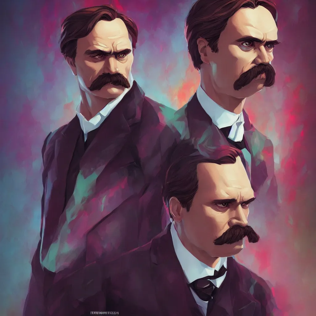 Image similar to Portrait of Friedrich Nietzsche in his Suit with a chiseled Jawline and serious Look, in the Style of Artgerm and Charlie Bowater and Mike Mignola, rim light, saturated colors, hard shadows, colorful, plain background, trending on artstation