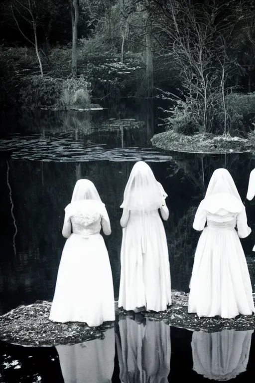 Image similar to 4 ghostly brides standing in a pond, cinematic, horror, photorealistic, vintage, unsettling