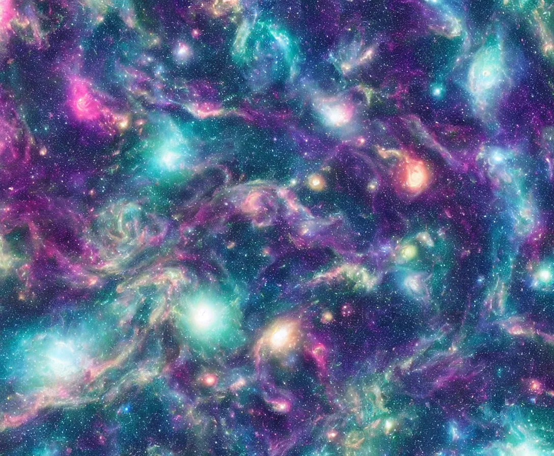 Image similar to whales swimming in space, colorful galaxy