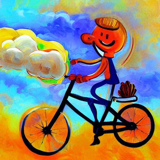 Prompt: A whimsical painting of a happy man flying in the sky on his bicycle in the clouds, expressive oil painting, digital art