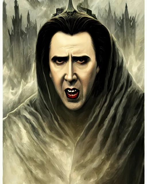 Image similar to nicolas cage as dracula, fangs, highly detailed, centered, artstation, concept art, smooth, sharp focus, illustration, bokeh art by artgerm and donato giancola and joseph christian leyendecker zdzisław beksinski