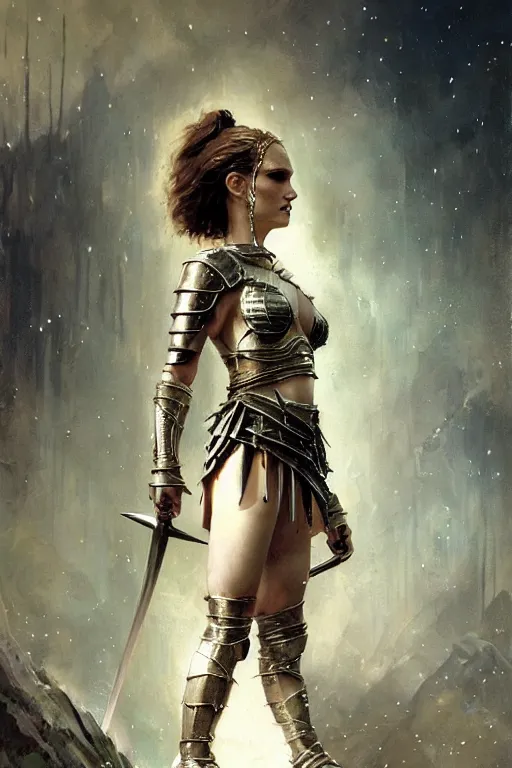Image similar to natalie portman, warrior, partially clothed in metal battle armor, lord of the rings, tattoos, decorative ornaments, by carl spitzweg, ismail inceoglu, vdragan bibin, hans thoma, greg rutkowski, alexandros pyromallis, perfect face, fine details, realistic shading