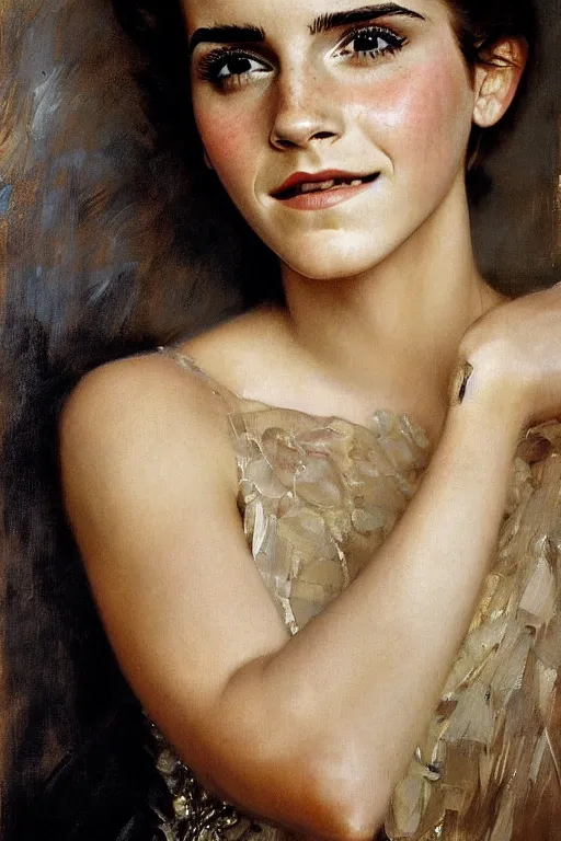 Image similar to emma watson smiling detailed portrait painting by gaston bussiere craig mullins j. c. leyendecker photograph by richard avedon peter lindbergh