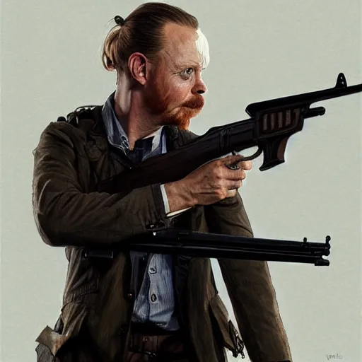 Image similar to portrait of simon pegg in the london of suburbs, winchester rifle, zombie apocalypse, joyful smirk, intricate, elegant, highly detailed, digital painting, artstation, concept art, matte, sharp focus, illustration, art by artgerm and greg rutkowski and alphonse mucha