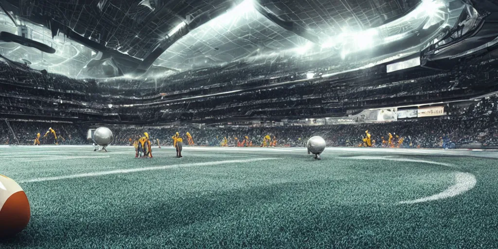 Image similar to ”futuristic american football played on a metallic arena with a chrome ball, [scifi, sports, retrofuturistic, ramps, painted lines on the floor, octane render, realistic, violent, detailed, photography]”