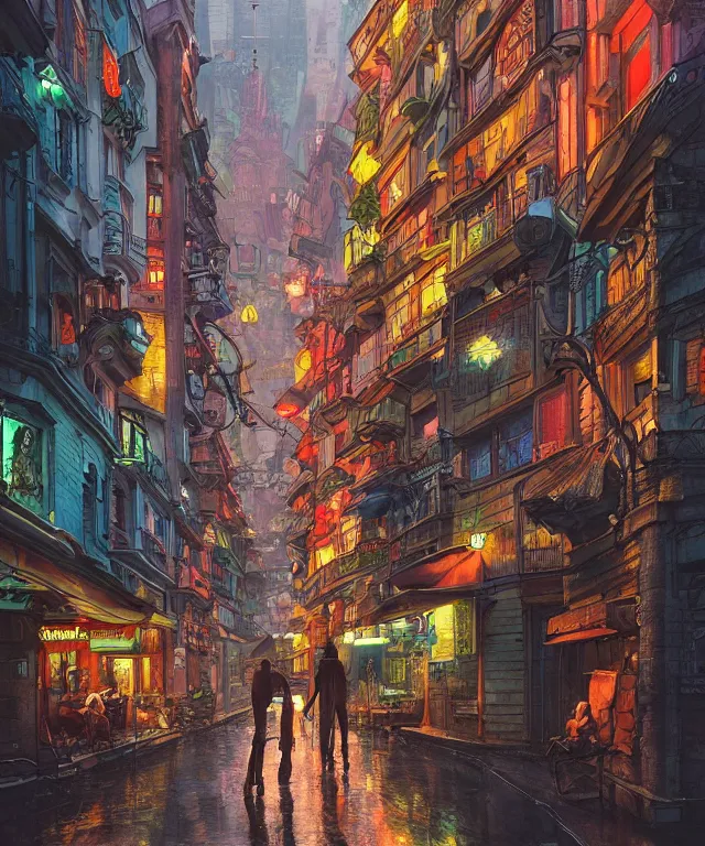Image similar to insane perspective of colorful street vue from cyberpunk prague, intricate details, realistic shaded , humid ground, highly detailed, artstation, painting by François Schuiten and moebius, disney fantasy style, people and creatures walking, volumetric light, neon lights, rainy mood