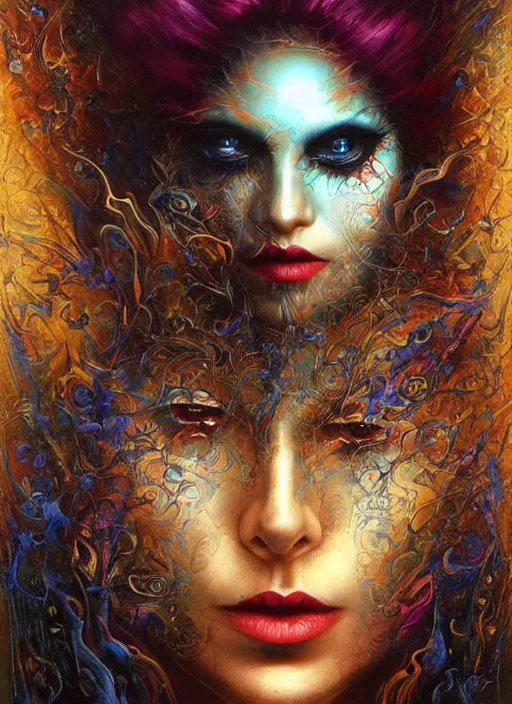 Image similar to magic enlightened cult psychic enchanted woman, painted face, third eye, energetic consciousness psychedelic scene, epic surrealism expressionism symbolism, perfect, by karol bak, louise dalh - wolfe, masterpiece