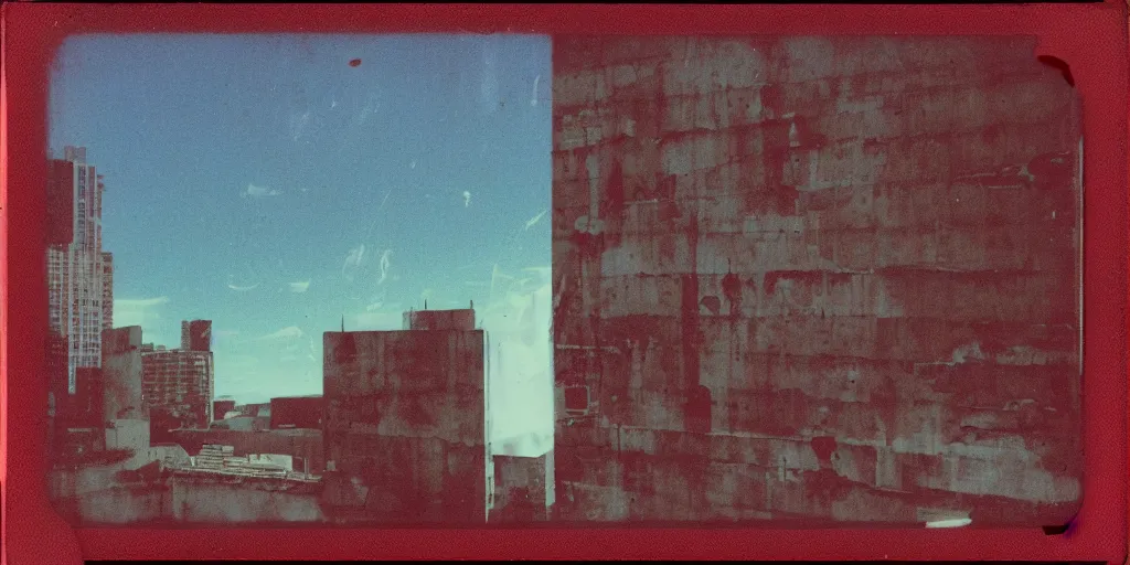 Prompt: analog polaroid photograph of an abandoned concrete city block, seen from above, drone footage, bright sun reflection in the water, lensflare, film grain, azure tones, red color bleed