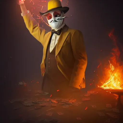 Image similar to epic portrait a clown masked man in a suit burning stack of cash, glowing, steam digital painting, artstation, concept art, soft light, hdri, smooth, sharp focus, illustration, fantasy, intricate, elegant, highly detailed, D&D, matte painting, in the style of Greg Rutkowski and Alphonse Mucha and artemisia, 8k, highly detailed, jurgens, rutkowski, bouguereau, pastoral, rustic, georgic