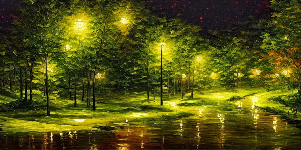 Image similar to nighttime nature landscape, lush, rich greenery, oil painting, ultra realistic, intricate, highly detailed, hd, sharp focus, warm colors, realistic, vivid colors, painting, non blurry, sharp, smooth, illustration