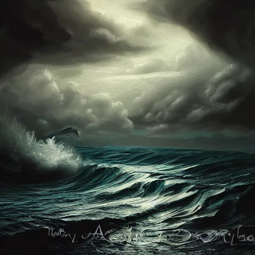 Prompt: a dark stormy sea in an aquarium, large waves, miniature, fantasy concept art, digital painting, oil painting, hyperrealistic, highly detailed