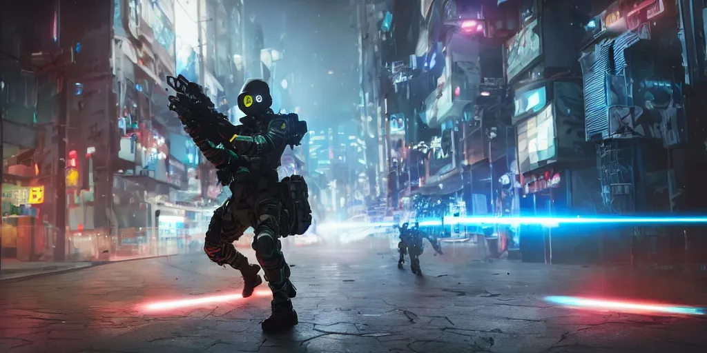 Image similar to cyber soldier shooting a laser gun in the middle of a warfare in a cyberpunk city, realism, 4 k, award winning photograph octane render, award winning photograph