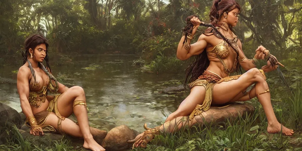 Prompt: Rugged female Sri Lankan warrior relaxing by a pond, relaxed, muscular, upper body, fantasy, intricate, elegant, highly detailed, digital painting, artstation, concept art, smooth, sharp focus, illustration, art by artgerm and greg rutkowski and alphonse mucha