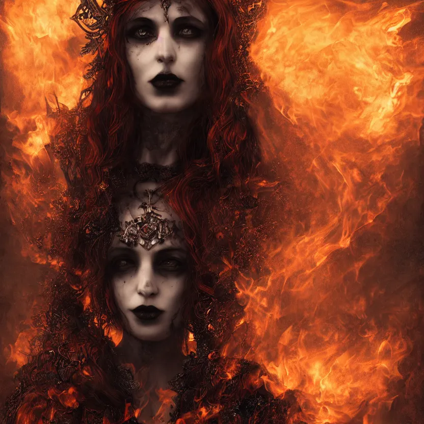 Image similar to A portrait of a Gothic goddess of fire jewels in an empty land, dark and mysterious, lively atmospheric, cinematic, 8k, 4k, ultra detail, ultra-realistic, rendered by DeviantArt