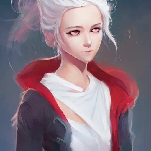 Image similar to portrait of a girl sorcerer with white hair in a messy white hairbun. She is wearing a short black tshirt, jeans pants, a red scarf. digital art, character design. in the style of wlop, rossdraws, artstation trending