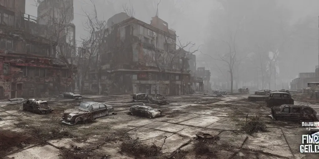 Prompt: wide angle shot of dilapidated fallout 5 city in real life, desolate dilapidated overgrown town, empty streets, nightmarish, some rusted retro futuristic fallout style parked cars and trucks, overcast, blankets of fog pockets, rain, volumetric lighting, beautiful, daytime, spring, sharp focus, ultra detailed, cgsociety