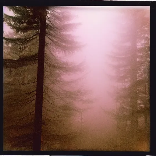 Image similar to a towering statue in a forest clearing reaching into the fog, night, old polaroid, expired film, megalophobia,