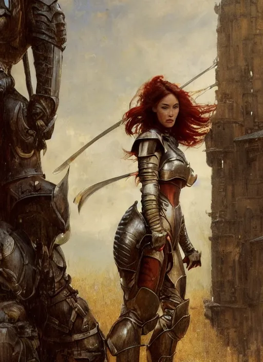 Prompt: short muscular redheaded woman wearing realistic medieval armour, megan fox, detailed by gaston bussiere, bayard wu, greg rutkowski, giger, maxim verehin, greg rutkowski, masterpiece, sharp focus, cinematic lightning