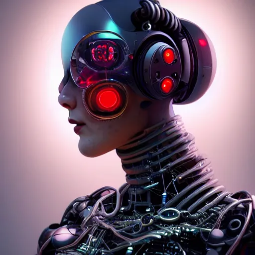 Image similar to Perfectly-Centered Portrait-Photograph of Mechanical Cyberpunk Female Android, upper torso, upper body, intricate, elegant, super highly detailed, professional digital painting, artstation, concept art, smooth, sharp focus, no blur, no dof, extreme illustration, Unreal Engine 5, Photorealism, HD quality, 8k resolution, cinema 4d, 3D, beautiful, cinematic, art by artgerm and greg rutkowski and alphonse mucha and loish and WLOP