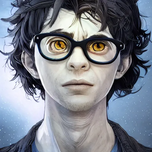 Prompt: the portrait of a boy thin face, black hair, green eyes, round glasses potter, scar on forehead as a bolt of lightning, an ultrafine hyperdetailed illustration by kim jung gi, irakli nadar, intricate linework, bright colors, octopath traveler, angular, unreal engine 5 highly rendered, global illumination, radiant light, detailed and intricate environment