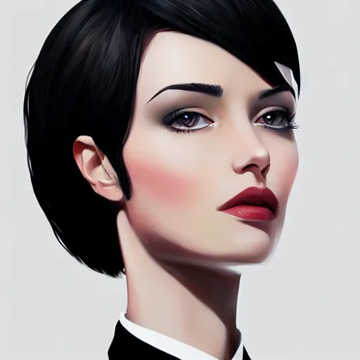 Image similar to slim girl in tuxedo with short black hair, elegant, 2d, ultra highly detailed, digital painting, smooth, sharp focus, artstation, portrait art by Ilya Kuvshinov