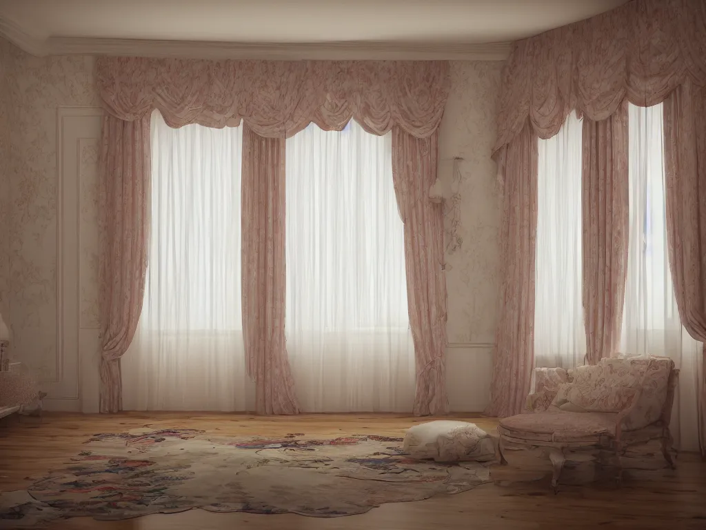 Image similar to 3D render of vintage interior house with very large curtains , High detail, Octane Render, faded colors, pastel colors , lens 35mm, f 8,