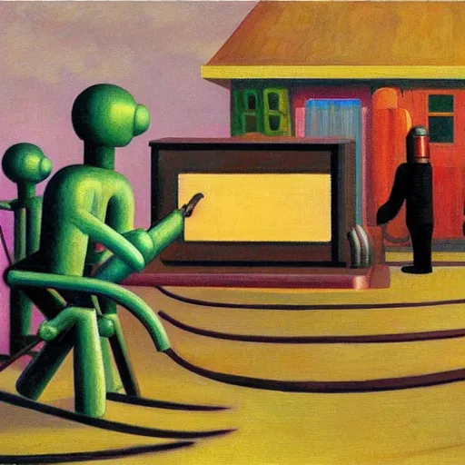 Image similar to infinite whack - a - mole with robots, grant wood, pj crook, edward hopper, oil on canvas