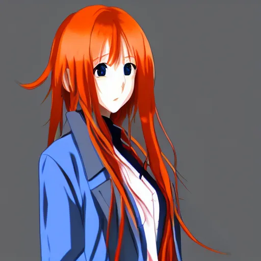 Image similar to orange haired anime girl, 1 7 year old anime girl with smooth long hair, wearing blue jacket, strong lighting, strong shadows, vivid hues, raytracing, sharp details, subsurface scattering, intricate details, hd anime, high budget anime movie, 2 0 2 1 anime