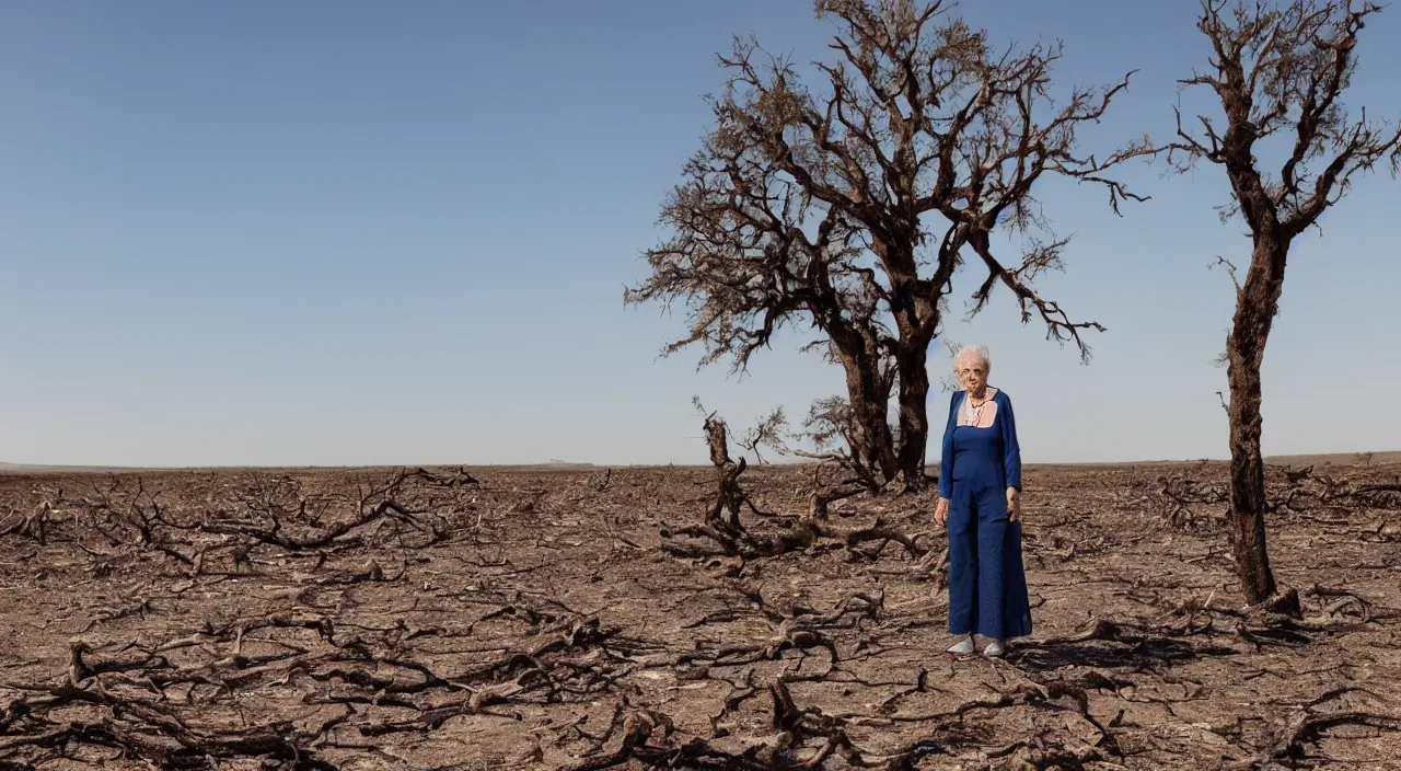 Image similar to full shot of a 65-year-old Gaia, crying emotionless, facing the camera and standing in front of a dried up river in a desolate land, dead trees, blue sky, hot and sunny, highly-detailed, elegant, dramatic lighting, artstation, 4k, cinematic landscape, photograph by Elisabeth Gadd