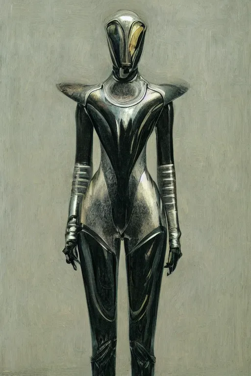 Image similar to full body portrait of beautiful gothic and futuristic fashion model, elegant space armour, cyber armour, highly detailed, artstation, illustration, composition, 8 k quality, art by jean delville, rene magritte, hyperrealism oil painting