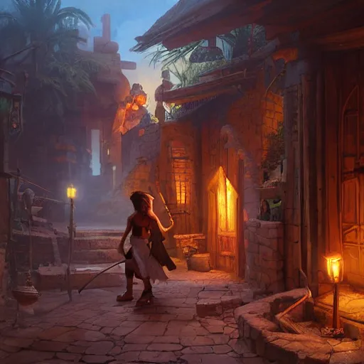 Prompt: A Kajiit sneaking through an egyptian village by night, DnD character, unreal engine, octane render, dramatic lighting, digital art, by Stanley Artgerm Lau, greg rutkowski, thomas kindkade, alphonse mucha, loish, norman Rockwell