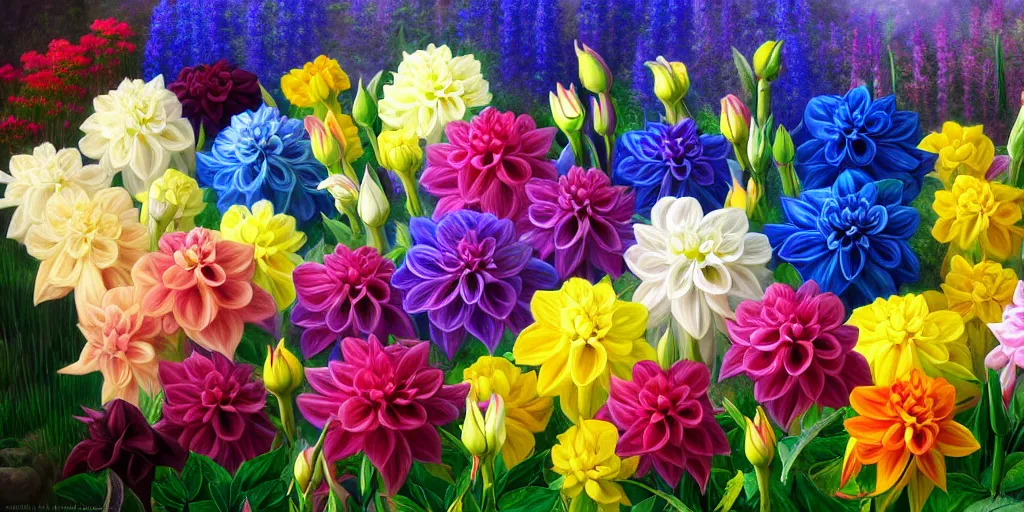 Prompt: multi color dahlia, delphinium, freesia, roses, gladiolus, pastel botanical painting, animal fairy, nature unique attractive, beautifully lit, by studio ghibli and albert bierstadt, 8 k volumetric lights unreal engine trending on art station