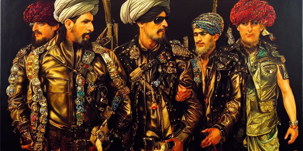 Image similar to taliban and leather men at pride, abstract oil painting by gottfried helnwein pablo amaringo raqib shaw zeiss lens sharp focus high contrast chiaroscuro gold complex intricate bejeweled