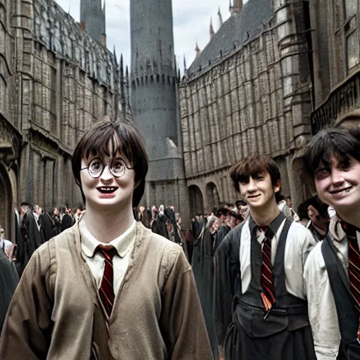 Prompt: happy potter, wide shot, by christopher nolan