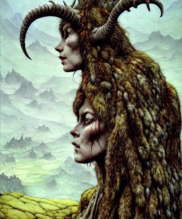 Image similar to A detailed horned goatwoman stands among the hills. Wearing a ripped mantle, robe. Perfect faces, extremely high details, realistic, fantasy art, solo, masterpiece, art by Zdzisław Beksiński, Arthur Rackham, Dariusz Zawadzki