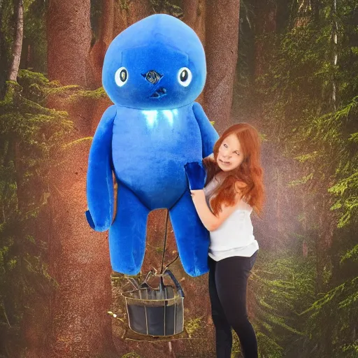 Image similar to demonic blue'snappy gifts'human - sized plush doll, in magical forest, holding gift, dark atmosphere, high detail, soft lighting, 8 k