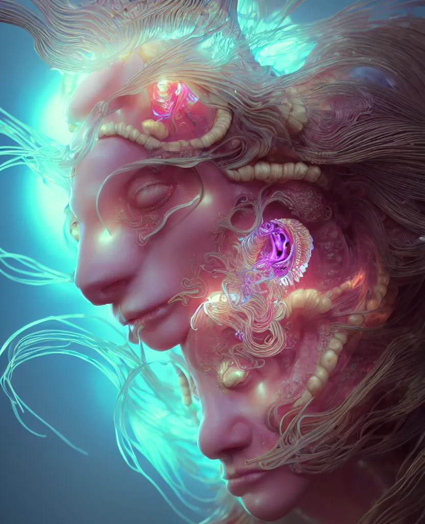 Image similar to goddess close-up portrait. chimera orchid jellyfish phoenix head, nautilus, skull, betta fish, bioluminiscent creatures, intricate artwork by Tooth Wu and wlop and beeple. octane render, trending on artstation, greg rutkowski very coherent symmetrical artwork. cinematic, hyper realism, high detail, octane render, 8k