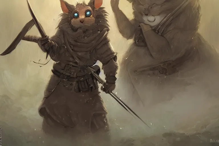 Prompt: dungeons and dragons fantasy painting, portrait of an ashigaru mouse with a rifle, whimsical and cute, determined expression, watery eyes, anime inspired by krenz cushart, light grey fur, tufty whiskers, bamboo forest, dawn lighting, by brian froud jessica rossier and greg rutkowski