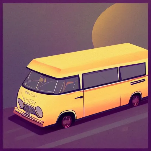 Image similar to retro painting illustration of a volswagen van, 2 d, pastel color, retro style art, trendy on artstation