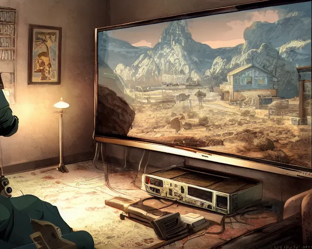 Image similar to a beautiful illustration of my friend nathan tinsley, playing fallout new vegas on the xbox 3 6 0 in his living room. the tv is the only light source, in the style of studio ghibli, artwork by studio ghibli, gamers bedroom, posters. cinematic composition, anime, digital art, featured on artstation