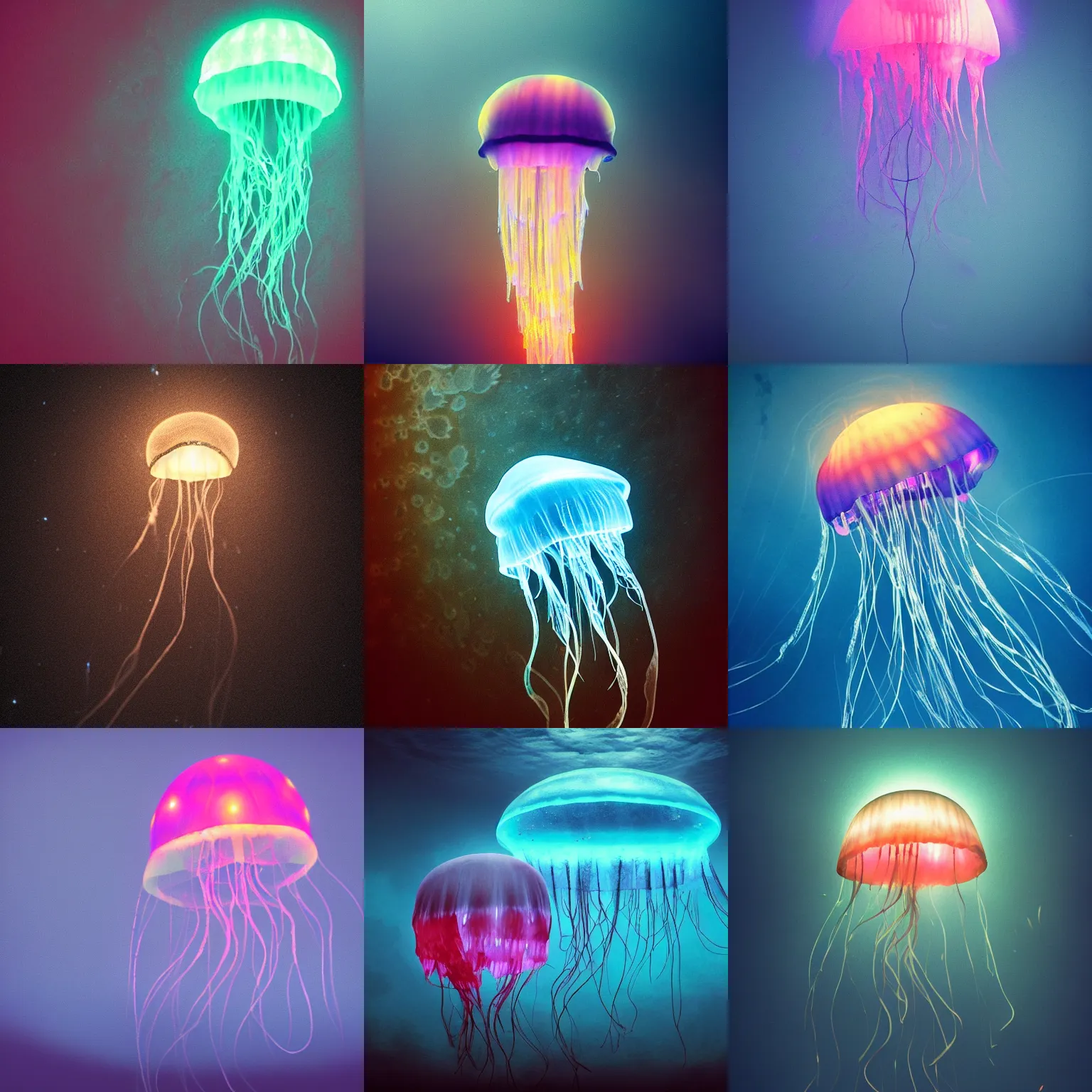 Prompt: beautiful photo of a magic glowing jellyfish, deep sea, award winning photo, atmospheric, desolate, artstation