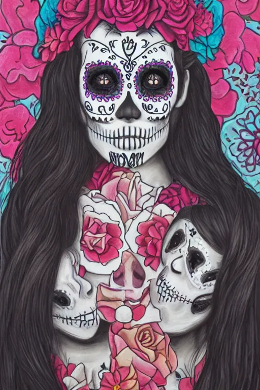 Image similar to Illustration of a sugar skull day of the dead girl, art by sean yoro