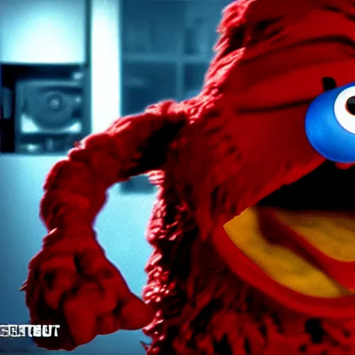 Image similar to elmo finds out he has feelings for freddy krueger, ultra realistic cinematic quality, 8 k, hdr, super detailed, moody atmosphere, film noir but in full colour