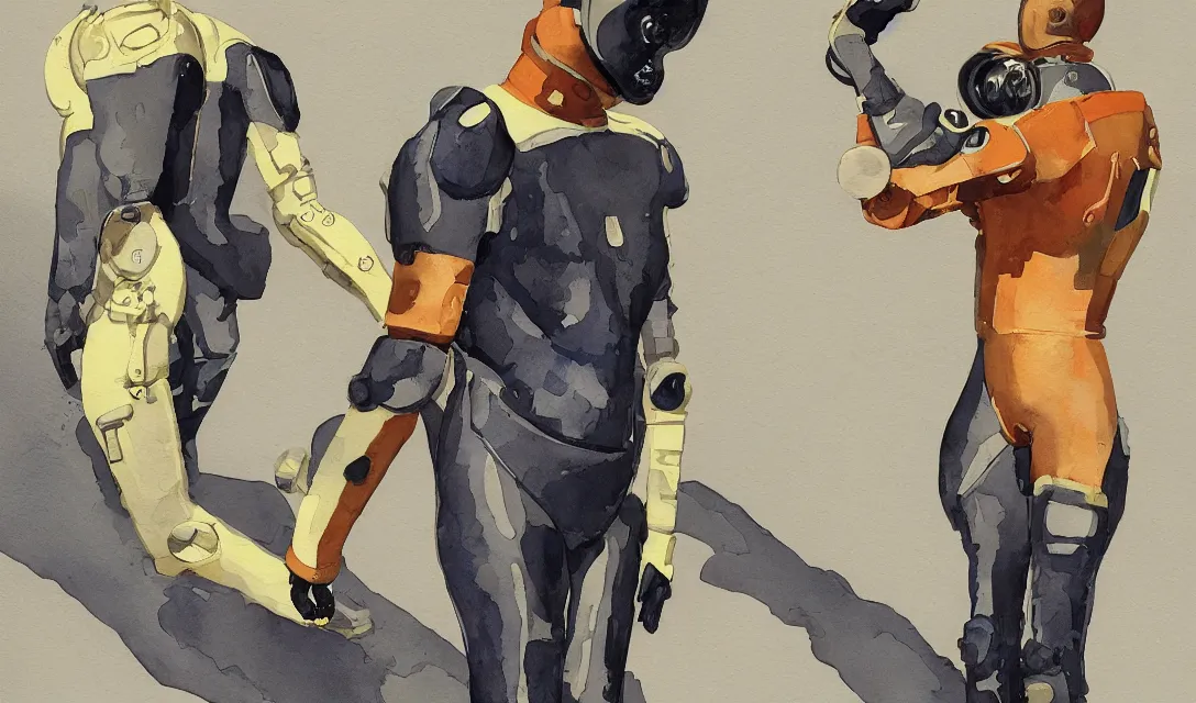 Prompt: male, full body, modern space suit, very stylized character design, large shoulders, short torso, long thin legs, tiny feet, science fiction, hyperdetailed, technical suit, shoulderpads, watercolor digital painting, by mike mignola, by alex maleev, jean giraud, painted by leyendecker