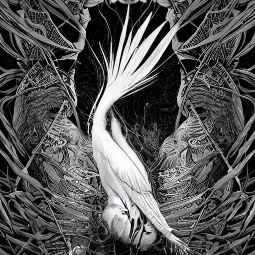 Image similar to white crow bringing rabbit leg to a occult witch by Android Jones and M. C. Escher collaboration, futurist, digital art, dramatic lighting