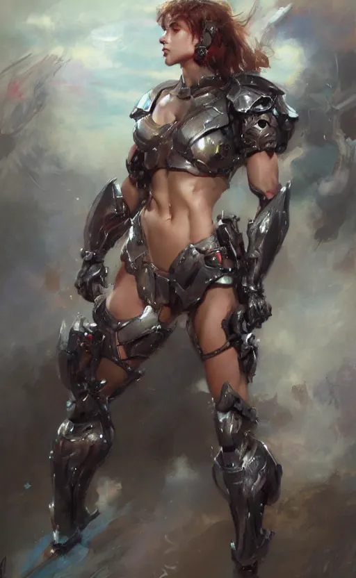 Image similar to muscular full armored girl by daniel gerhartz, trending on art station